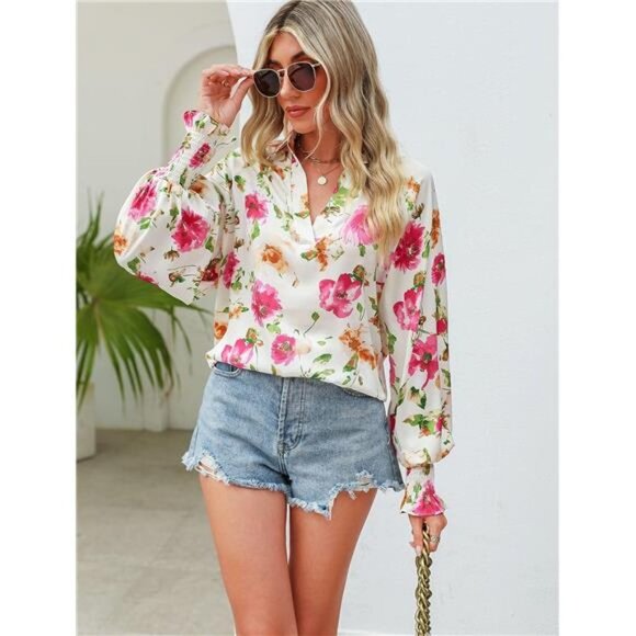 Tops - White Boho Floral Print V Neck Long Lantern Sleeve Flowy Loose Top Blouse Shirt